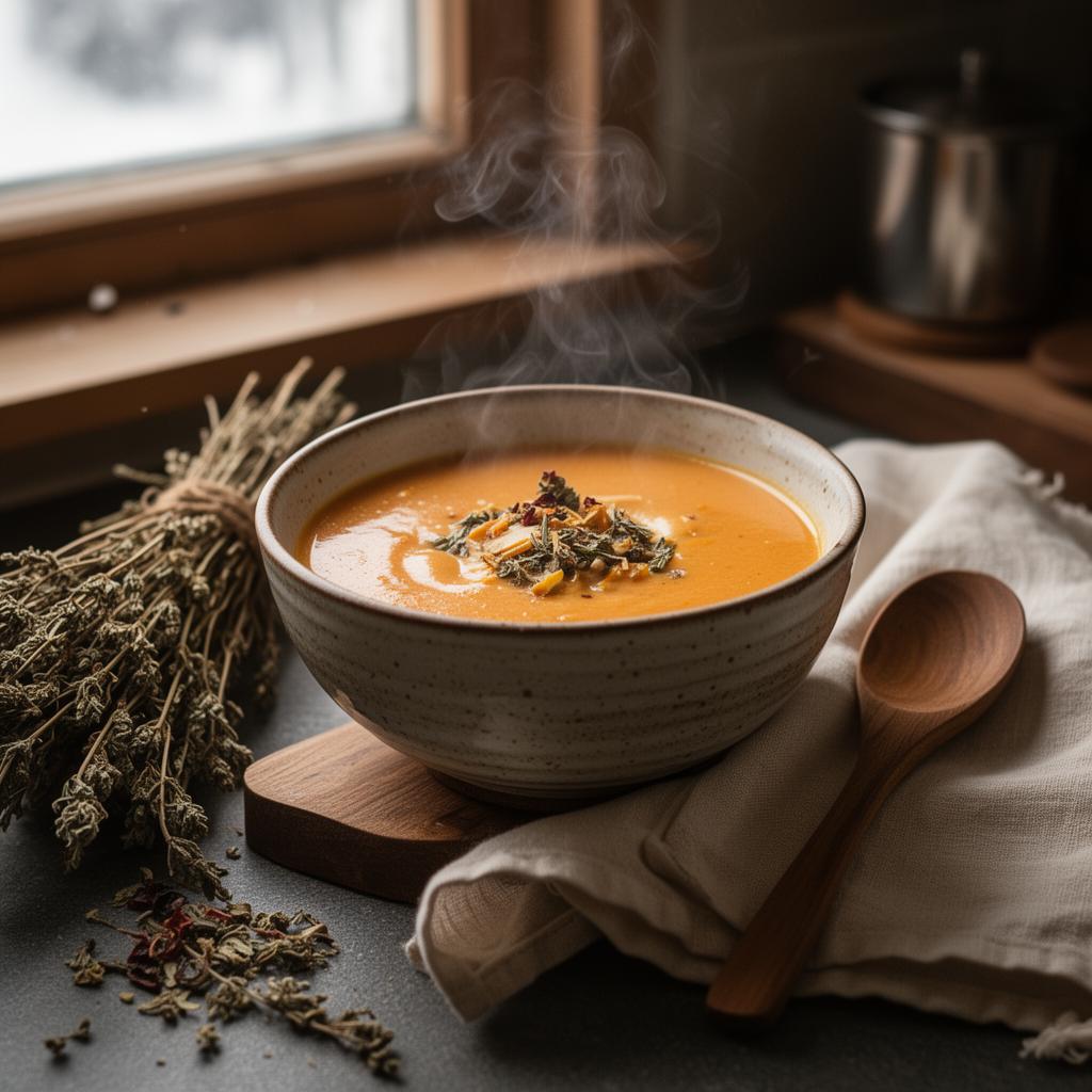 Caldo cremoso quente em tigela artesanal